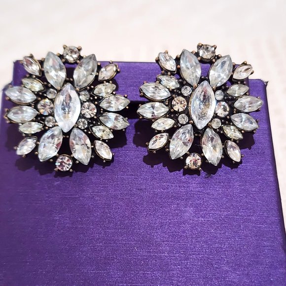 Vintage Large Marquis and Round Rhinestone Statement Stud Pierced Earrings - Picture 8 of 9